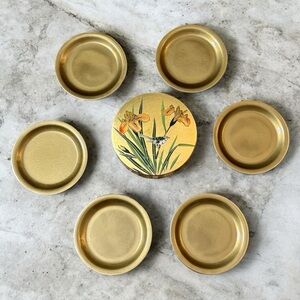 Vintage Gold Lacquer Toyo Coaster Set (6) Bird & Flowers Japan Japanese